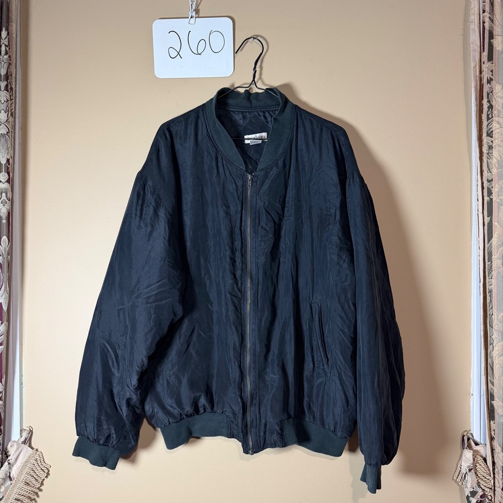 Vintage Bogari 100% Silk Black Bomber Jacket Large 80s 90s Full zip